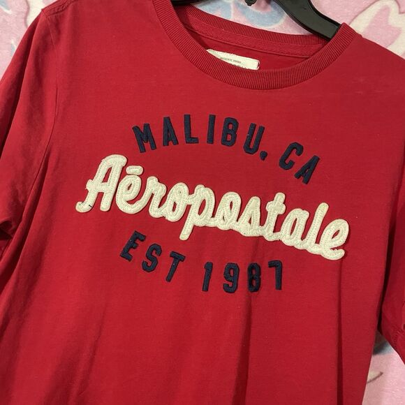 Y2k Mens Embroided Stitch Aeropostale Mailbu Graphic Red Shirt Size Large - Picture 5 of 7